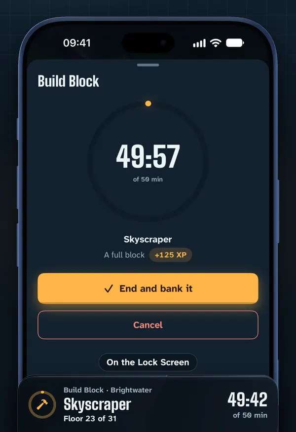 A 50-minute Build Block running in the iPhone app, with its Live Activity on the Lock Screen.