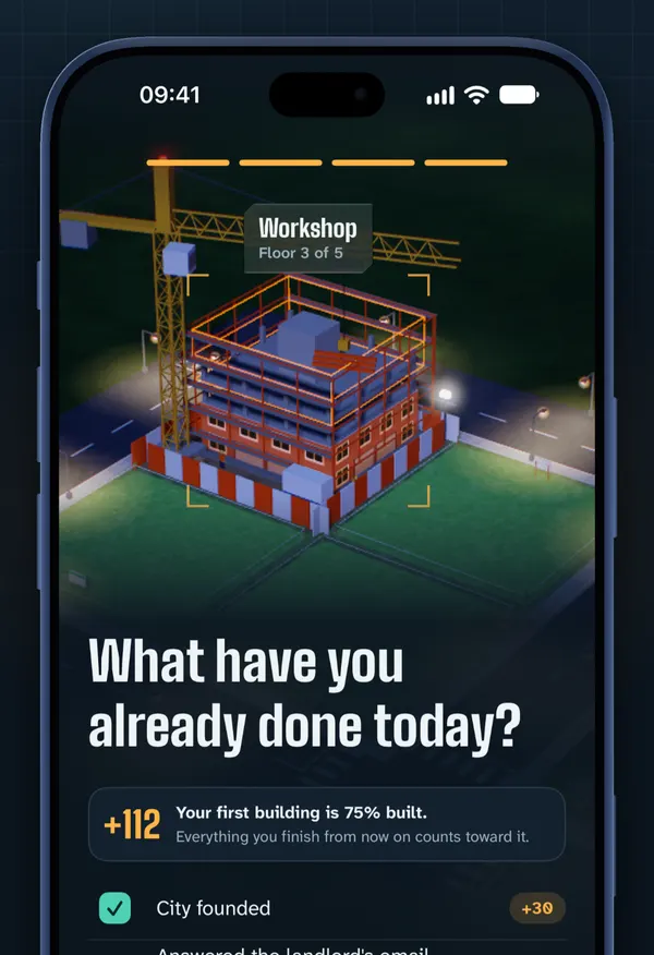 The last onboarding step in the iPhone app: “What have you already done today?” over the first building going up.