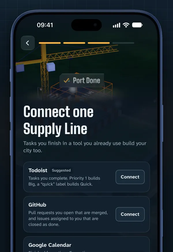 The Connect a Supply Line step in the iPhone app, with Todoist suggested first, then GitHub and Google Calendar.