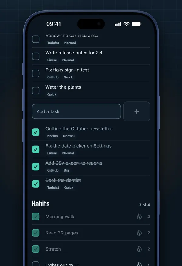 Today's task list in the iPhone app: tasks tagged Todoist, Linear, GitHub and Notion, then habits.