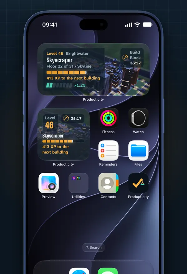 Producticity widgets on an iPhone Home Screen showing the building under construction and Momentum.