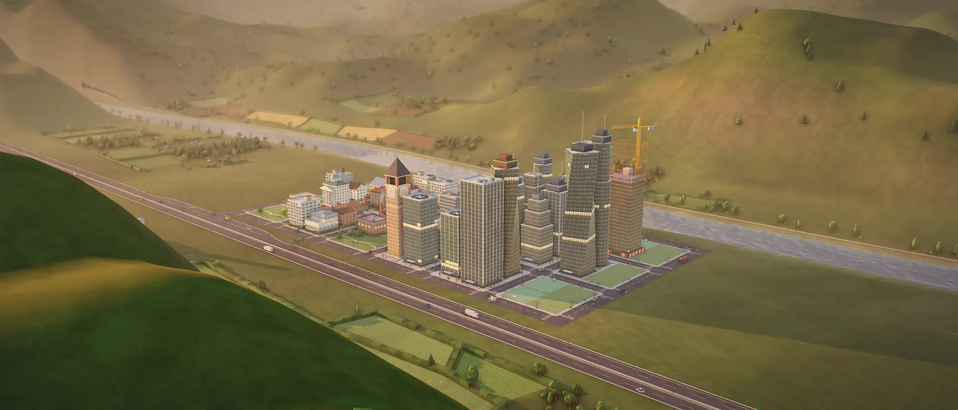 A demo city at level 46 at golden hour: a clock tower, high streets and towers, with a crane on the newest one.